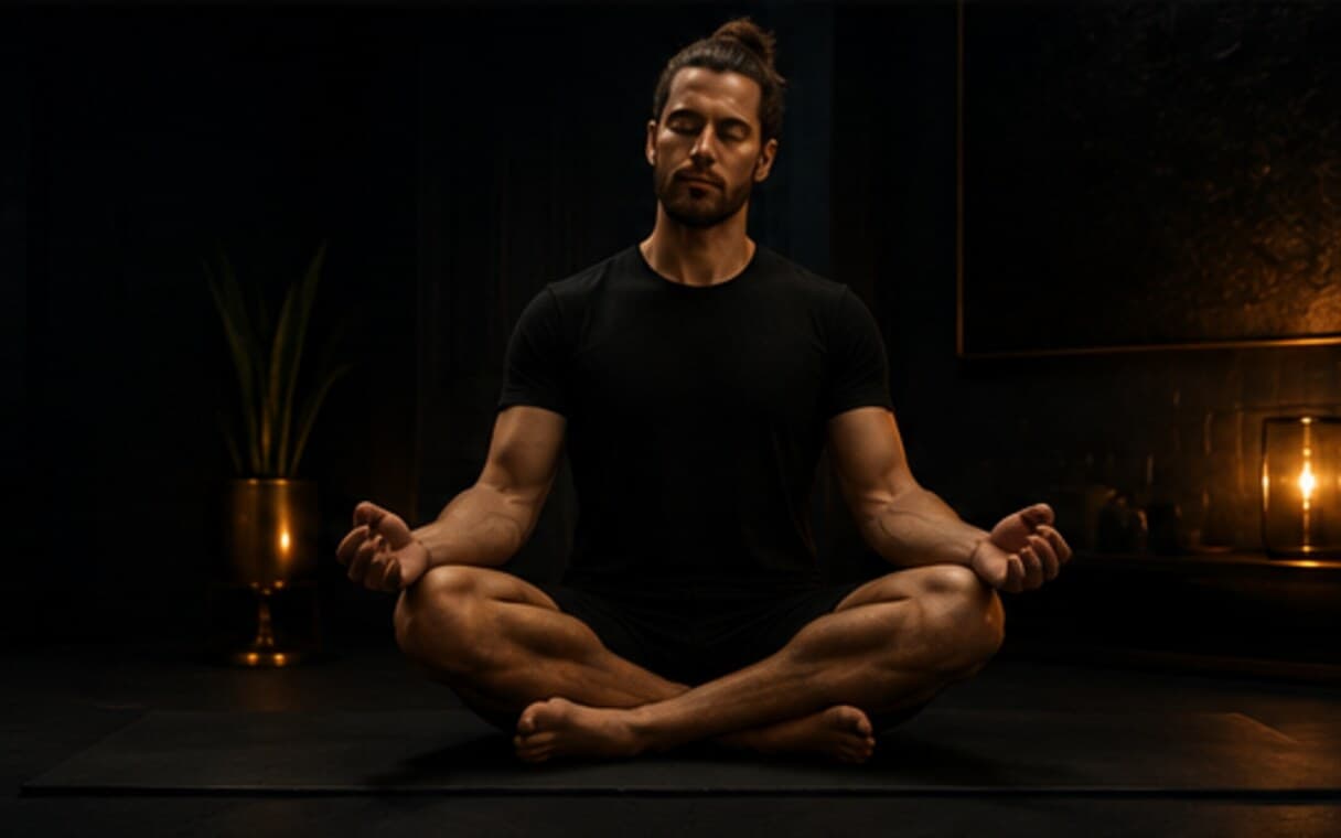 Seated meditation on a mat in low light
